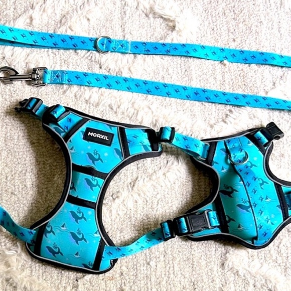 ‼️SOLD‼️NEW🐳 MORXIL TURQUOISE PADDED REFLECTIVE WHALE DOG HARNESS LEAD/LEASH SET - Picture 6 of 16